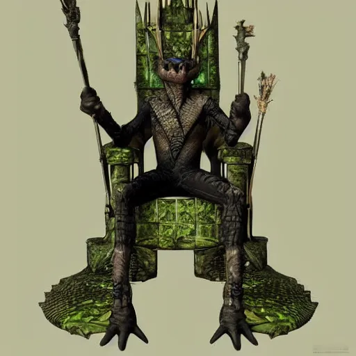 Image similar to half lizardhuman king on throne, fantasy punk, 8k