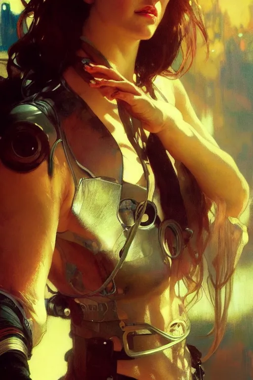 Image similar to hyperrealist portrait of lady terminator. by jeremy mann and alphonse mucha, fantasy art, photo realistic, dynamic lighting, artstation, poster, volumetric lighting, very detailed faces, 8 k, award winning, golden hour