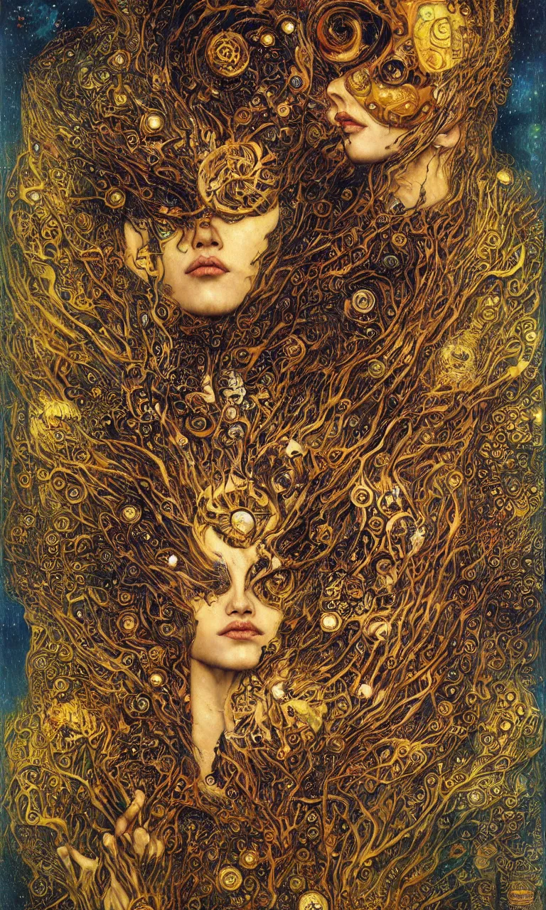 Image similar to Divine Chaos Engine by Karol Bak, Jean Deville, Gustav Klimt, and Vincent Van Gogh, beautiful visionary mystical portrait, sacred, otherworldly, fractal structures, Surreality, ornate gilded medieval icon, third eye, spirals, horizontal symmetry