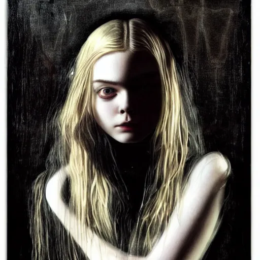 Image similar to a striking esoteric painting of Elle Fanning, dark, metal, black background, occult, by John Waterhouse