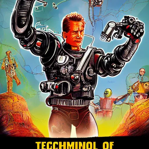 Image similar to terminator, wizard of oz, technicolour, lineart, higly detailed, artstation