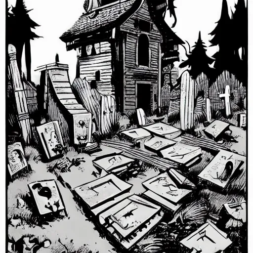 Prompt: A grave yard, with wooden graves. Faded Edges, Dark Fantasy, Film Noir, Black and White. High Contrast, Mike Mignola, D&D, OSR