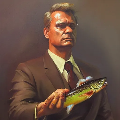 Image similar to A beautiful oil painting of a lawyer in court holding a trout, by Lucas Graciano, Frank Frazetta, Greg Rutkowski, Boris Vallejo, epic fantasy character art, Exquisite detail, post-processing, low angle, masterpiece, cinematic