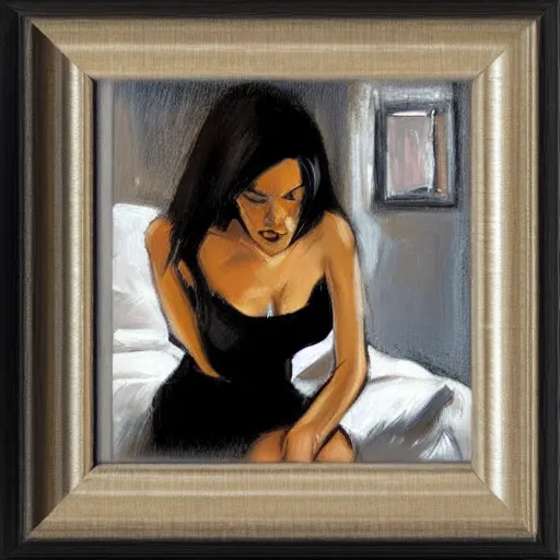 Image similar to Ground Level Shot of a dark haired woman wearing a black dress, on a bed. by fabian perez