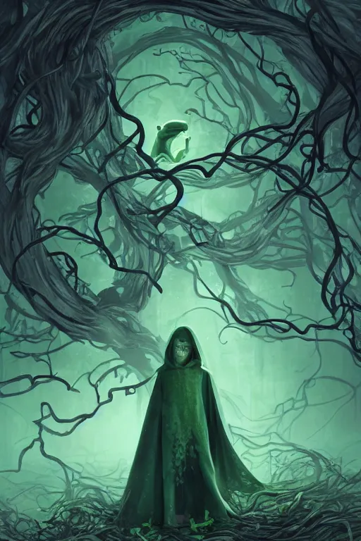 Image similar to A full body portrait of a ghost like character with no face, glowing eyes and a very long hooded dark green cloak of leaves and vines, forest spirits flying in the background art by Shaddy Safadi and Jason Chan, ominous, cosmic horror, trending on artstation, Ultra detailed, hyper realistic 4k