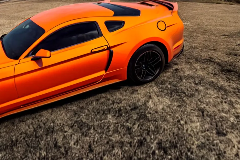 Prompt: a photo hyperrealistic spaceship flying in universe made out of bright orange Ford Mustang