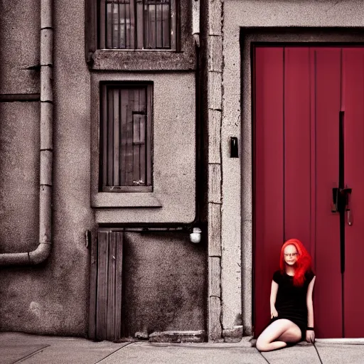 Prompt: beautiful red haired girl standing at a door on a street with overhead volumetric lighting, hyper detailed, digital art, cinematic lighting, studio quality, smooth render, octane rendered