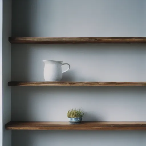 Image similar to 3 empty shelves on a light grey wall, Off-White, realistictic, color film photography by Tlyer Mitchell, 35 mm, graflex