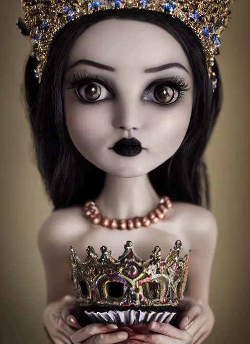 Image similar to closeup face profile portrait of a tin toy fairytale goth princess wearing a crown eating cakes, bikini, depth of field, zeiss lens, detailed, symmetrical, centered, fashion photoshoot, by nicoletta ceccoli, mark ryden, lostfish, breathtaking, 8 k resolution, extremely detailed, beautiful, establishing shot, artistic, hyperrealistic, octane render