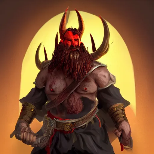 Image similar to dnd render of a man, red, a big black beard, golden eyes, 2 curved horns, one broken horn,