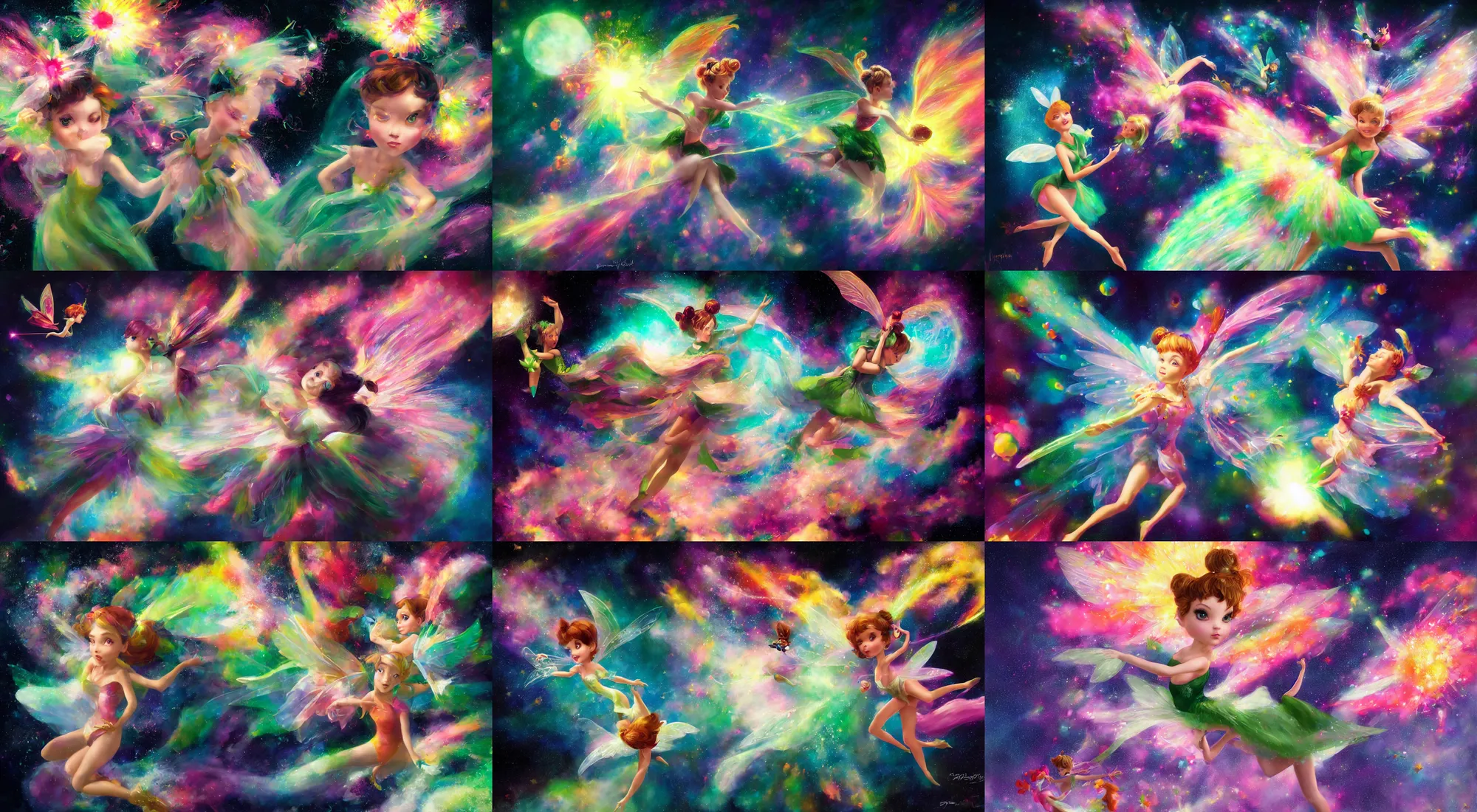 Image similar to portrait of tinker bell flying through a centered explosion of colorful powder on a black background, wlop, steve argyle, ilya kuvshinov, ralph horsley, rossdraw, mark ryden, daniel f. gerhartz, sophie anderson, lilia alvarado, tom chambers