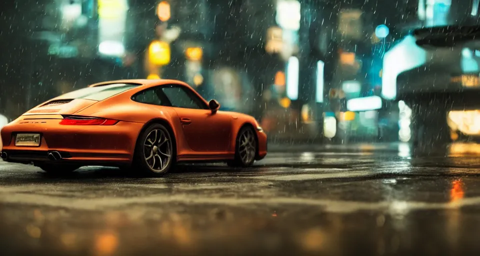 Image similar to close up macro shot of a porsche 9 1 1 car on wet city street at night, intricate, hyper detailed, smooth, high contrast, neon, volumetric lighting, octane, moebius, greg rutkowski, blade runner, ripley scott, cindmatic