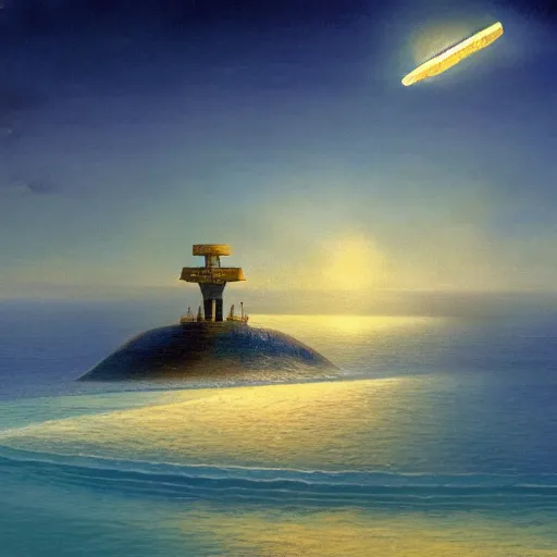 Image similar to beautiful matte painting of golden shores of a blue dreamy ocean, scientific codex cube floating above the ocean, sci - fi, daylight, blue sky, cinematic lighting, cinematic perspective, syd mead, john harris, federico pelat