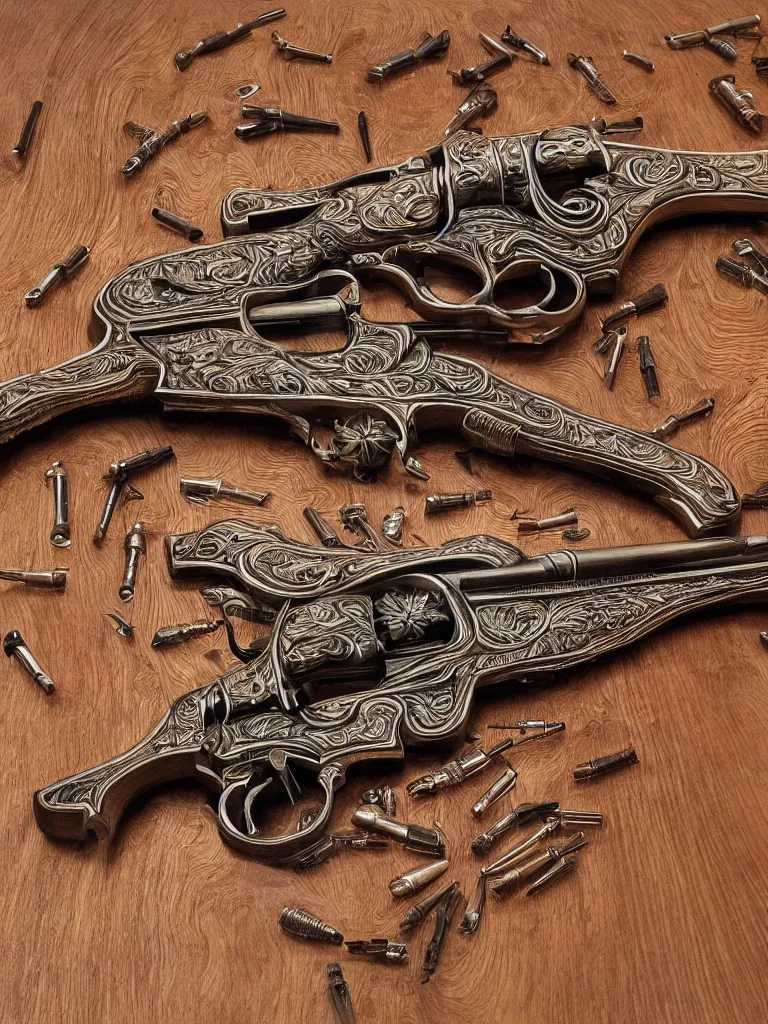 Image similar to wood carving in oak pine beechwood of an intricate design of firearms guns bullets revolvers and rifles, dramatic lighting, hyperrealistic, ultrarealistic, intricate details, 4k, unreal 5, digital art