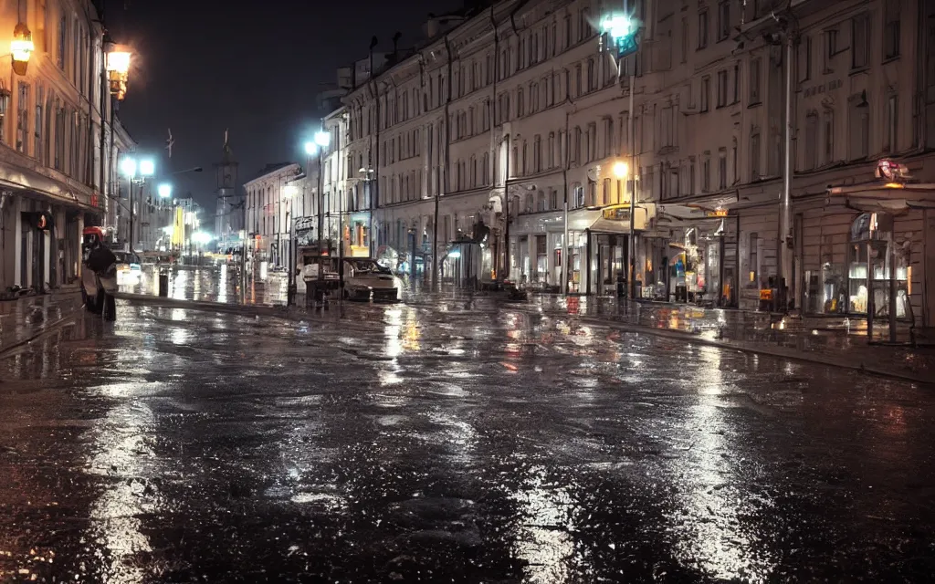 Prompt: wet helsinki street at night, in the style of grand theft auto gameplay