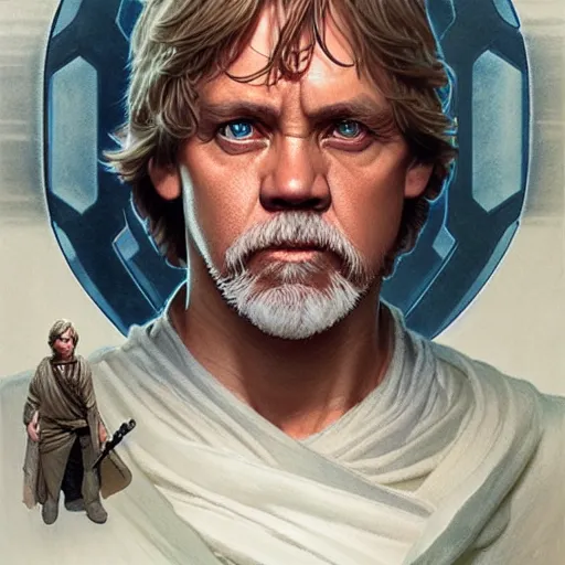 Image similar to luke skywalker grand master jedi from legends books, jedi from star wars, intricate detailed face, artgerm, greg rutkowski, alphonse mucha