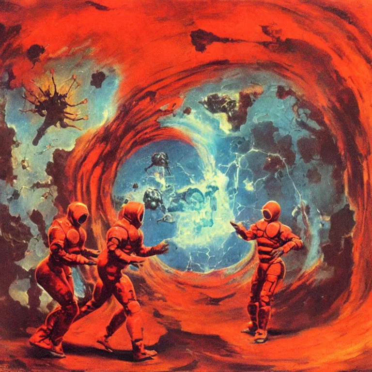 Prompt: two scientists wearing red hazmat suits entering lsd nebula portal by frank frazetta