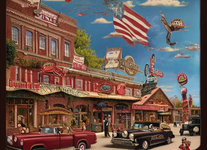 Prompt: americana tourism, lowbrow, matte painting, 3 - d highly detailed, in the style of mark ryden,