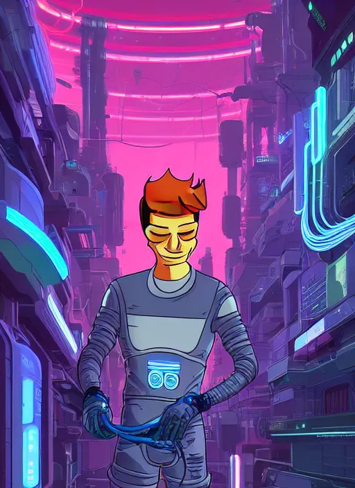 Image similar to portrait philip j. fry from futurama inside an scifi tentacles wires futuristic city, beautiful neon cats, cinematic, highly detailed, photorealistic, rich bright colors, trending on artstation, giger, tsutomu nihei, trending on cgsociety, awe inspiring bruce pennington cityscape, digital art painting of 1 9 6 0 s