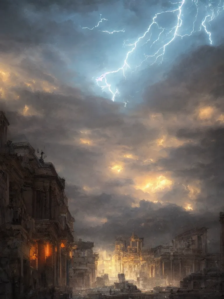 Image similar to epic scenery ancient city of troy under a sky full of lightning, intricate, elegant, volumetric lighting, digital painting, highly detailed, artstation, sharp focus, illustration, concept art, ruan jia, steve mccurry