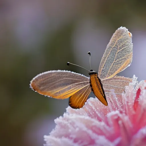 Prompt: ( butterfly with wings made out of feathers ), drinking from a large beautiful flower, frost, sunrise, macro shot, hyper realism,