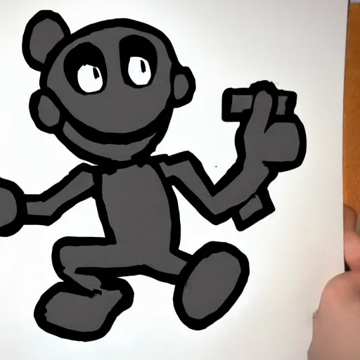 Prompt: a child's drawing of Mr. Game and Watch, Super smash bros character, black figure, Game and Watch