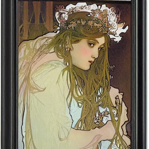 Prompt: lady of the lake by alphonse mucha