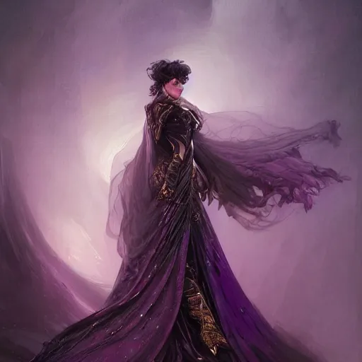 Image similar to masterpiece digital painting of a beautiful woman knight portrait, centered, heavy black obsidian armor, chaotic ruby inlays, large cape, by kev walker and greg rutkowski and mucha and luis royo, atmospheric fog effects background, purple sparkles, artstation, deviantart, closer view, cinematic lights