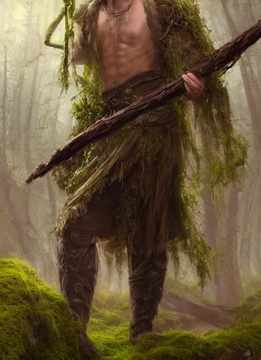 Image similar to a relaxed male middle aged druid in a sleeveless west, short brown hair, stringy, wielding a long staff which is covered in moss, full body, 8 k, hyperrealistic, hyperdetailed, fantasy portrait by laura sava