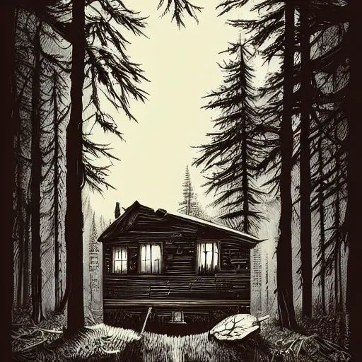 Image similar to a Ilustration of a Eerie cabin in the middle of the woods in the style of Dan Mumford