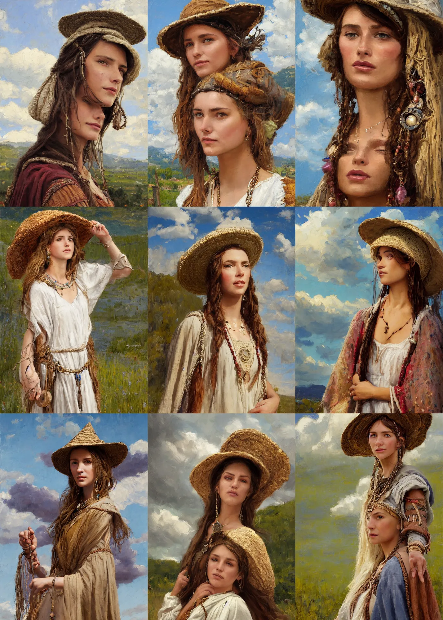 Prompt: portrait of medieval farmer beautiful young girl with wooden jewelry, mediterranean features, wearing rich jewerly hat and white boho poncho, fantasy character close up portrait, decollete, lying dynamic pose, above view, sunny day, thunder clouds in the sky, artwork by Jeremy Lipkin and Giuseppe Dangelico Pino and Michael Garmash and rob rey, levitation, industrial rusty pipes, simple form, brutal shapes