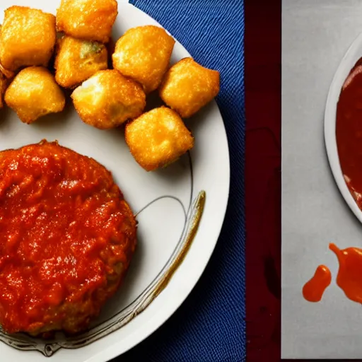 Image similar to food photo of channing tatum's face on top of giant tater tot on a plate with ketchup