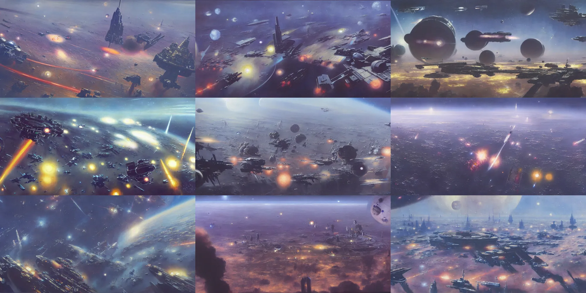 Image similar to a gorgeous painting of the low earth orbit space city under war by john harris. ultra clear detailed. 8 k