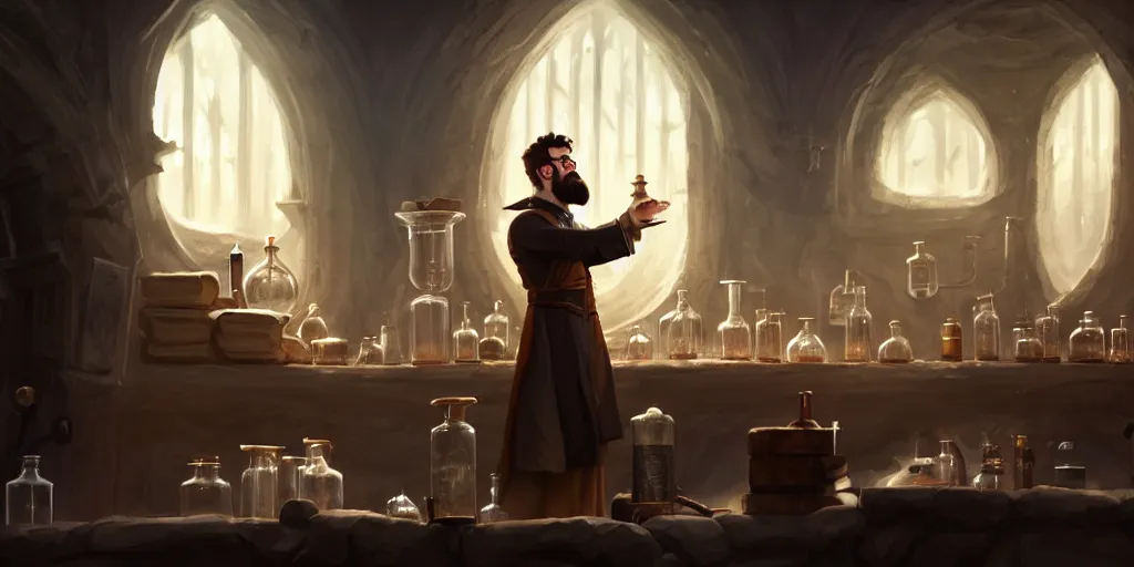 Image similar to a handsome bearded caucasian male sorcerer with brown hair, he is in a alchemist lab, casting a spell from a open book, beakers, potions, magic, neutral pose, digital art, concept art, epic composition, 4 k, super coherent, by dave melvin and greg rutkowski