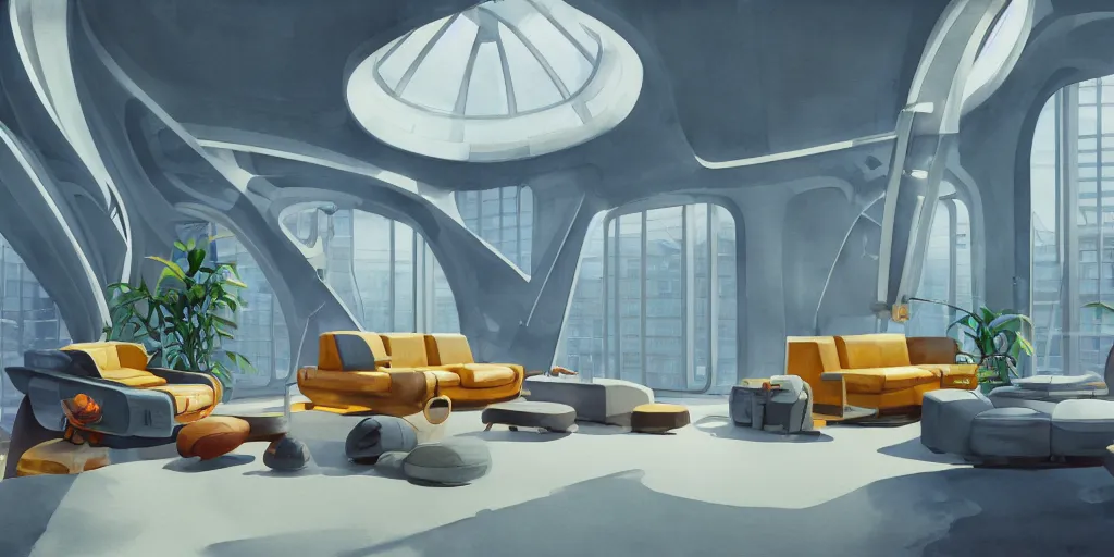 Image similar to a beautiful illustration of futuristic interior studio, lots of furniture, sofa, waiting room, big medium small, sacred geometry, golden ratio, in watercolor gouache detailed paintings, in style of syd mead, trending on artstation, 8 k, panel, hard surface, vent, zaha hadid, props, plant, cozy, decoration,, simon stalenhag, deus ex