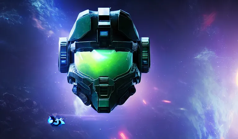 Image similar to cyberpunk halo helmet floating in space with reflections, epic, dramatic, photorealistic, award winning, 8k,