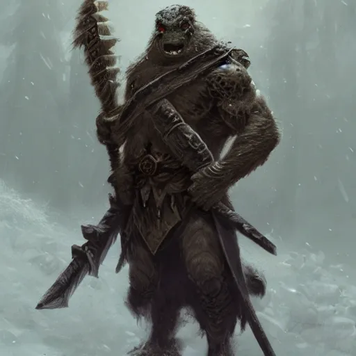 Image similar to anthropomorphic turtle barbarian humanoid, carapace, greg rutkowski, blizzard, winter, night, furs, fantasy