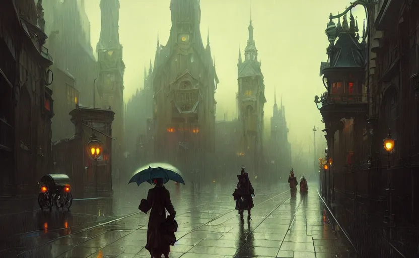 Image similar to a victorian city with rainy and moody cinematic lighting by darek zabrocki and greg ruthkowski, alphonse mucha, simon stalenhag and cinematic and atmospheric, concept art, artstation, trending on artstation