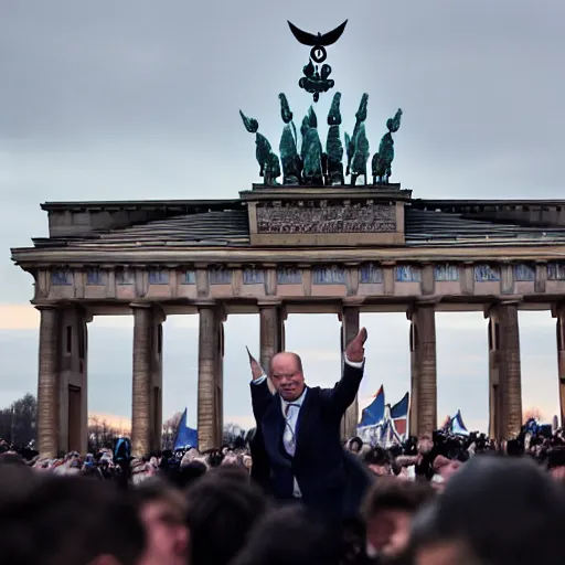 Prompt: olaf scholz doing a nazi salute, in front of brandenburger tor. huge nazi crowd in front of him. canon eos r 3, f / 1. 4, iso 1 6 0 0, 1 / 8 0 s, 8 k, raw, grainy