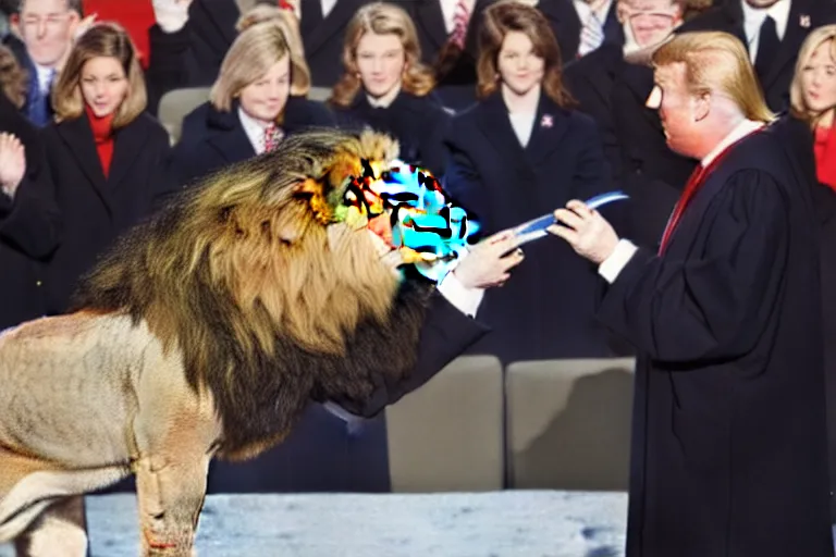 Prompt: photo of the usa presidential inauguration, a lion fursuiter being inaugurated as president