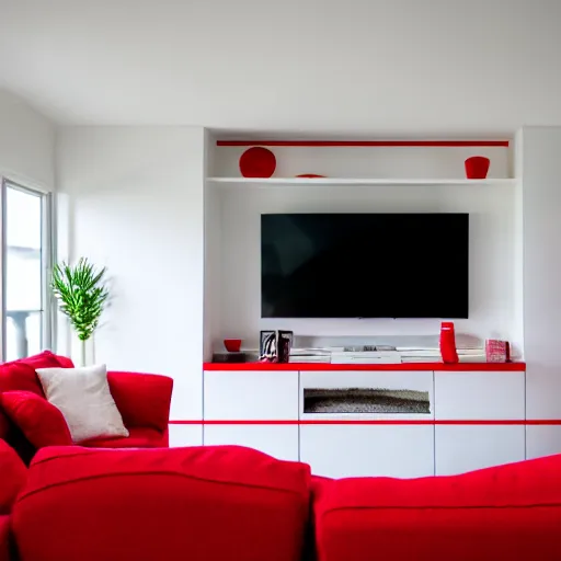 Prompt: beautiful 35mm footage landscape photography of a modern living room white and red colors, stylistic furniture, window open to beach wide-angle lens