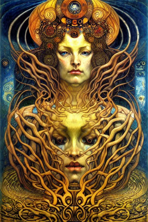 Image similar to Divine Chaos Engine by Karol Bak, Jean Delville, William Blake, Gustav Klimt, and Vincent Van Gogh, symbolist, visionary