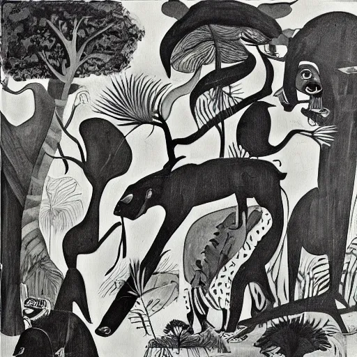 Image similar to black and white painting of the jungle with jungle animals, el guernica style,