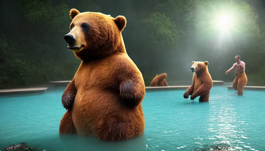 Prompt: fullbody portrait of bears playing capoeira in a hot spring. volumetric light, detailed, photorealistic, fantasy, rendered in octane