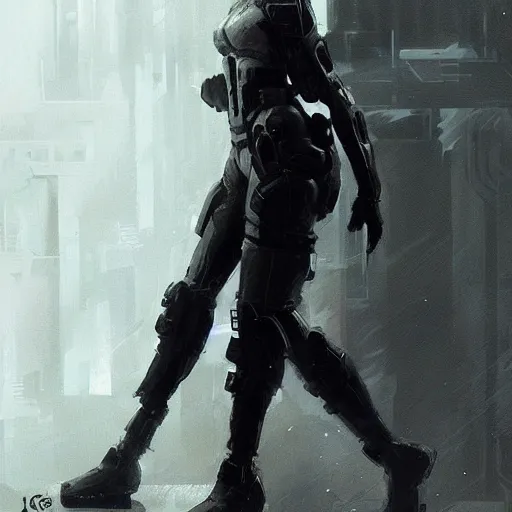 Prompt: concept art by greg rutkowski, a very tall, slender female soldier wearing futuristic white and black tactical gear, brutalist futuristic interior, dim lighting, detailed portraits, nostalgic atmosphere, scifi, digital painting, artstation, concept art, smooth, sharp foccus ilustration, artstation hq