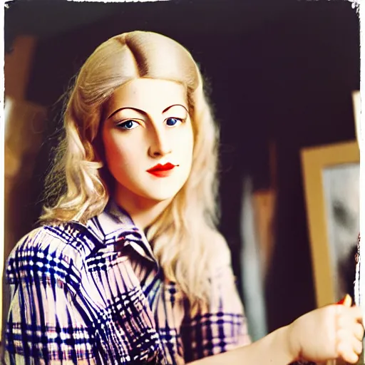 Prompt: blonde mata hari as an artist in a checked shirt paints a realistic self - portrait. in her atelier. shot on 3 5 mm analogue camera. professional modern candid photography. perfect anatomy, beautiful eyes. photorealism. real life.