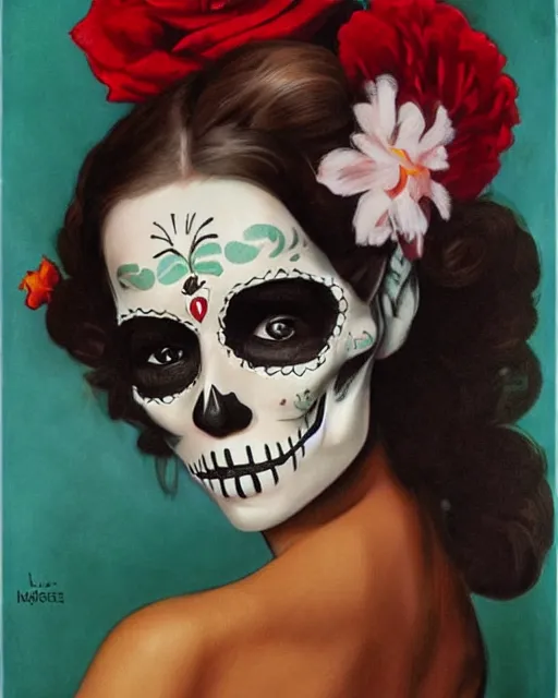 Prompt: a cute Día de los Muertos girl posing by Annie Leibovitz, Poster art by J. C. Leyendecker