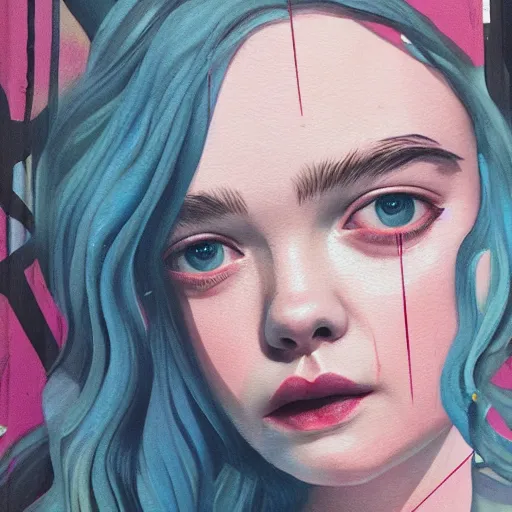 Prompt: Elle Fanning in District 9 picture by Sachin Teng, asymmetrical, dark vibes, Realistic Painting , Organic painting, Matte Painting, geometric shapes, hard edges, graffiti, street art:2 by Sachin Teng:4