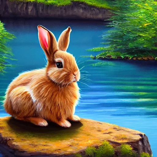Image similar to bunny rabbit with ears perked up in the middle of a lake sitting on a rock surrounded by a lush green forest, oil painting, award winning, 4k, high quality, detailed