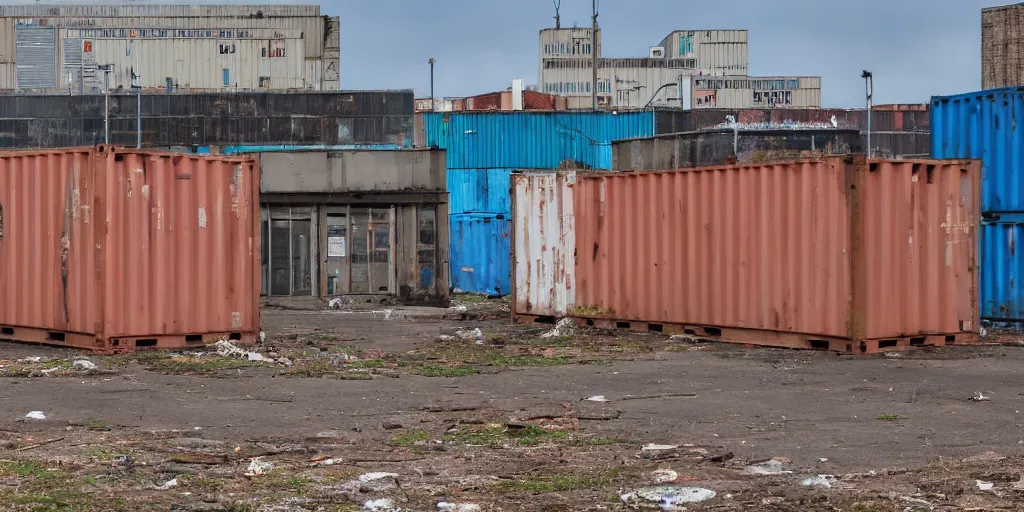 Image similar to an abandoned city hall with the door being covered by some maersk shipping containers